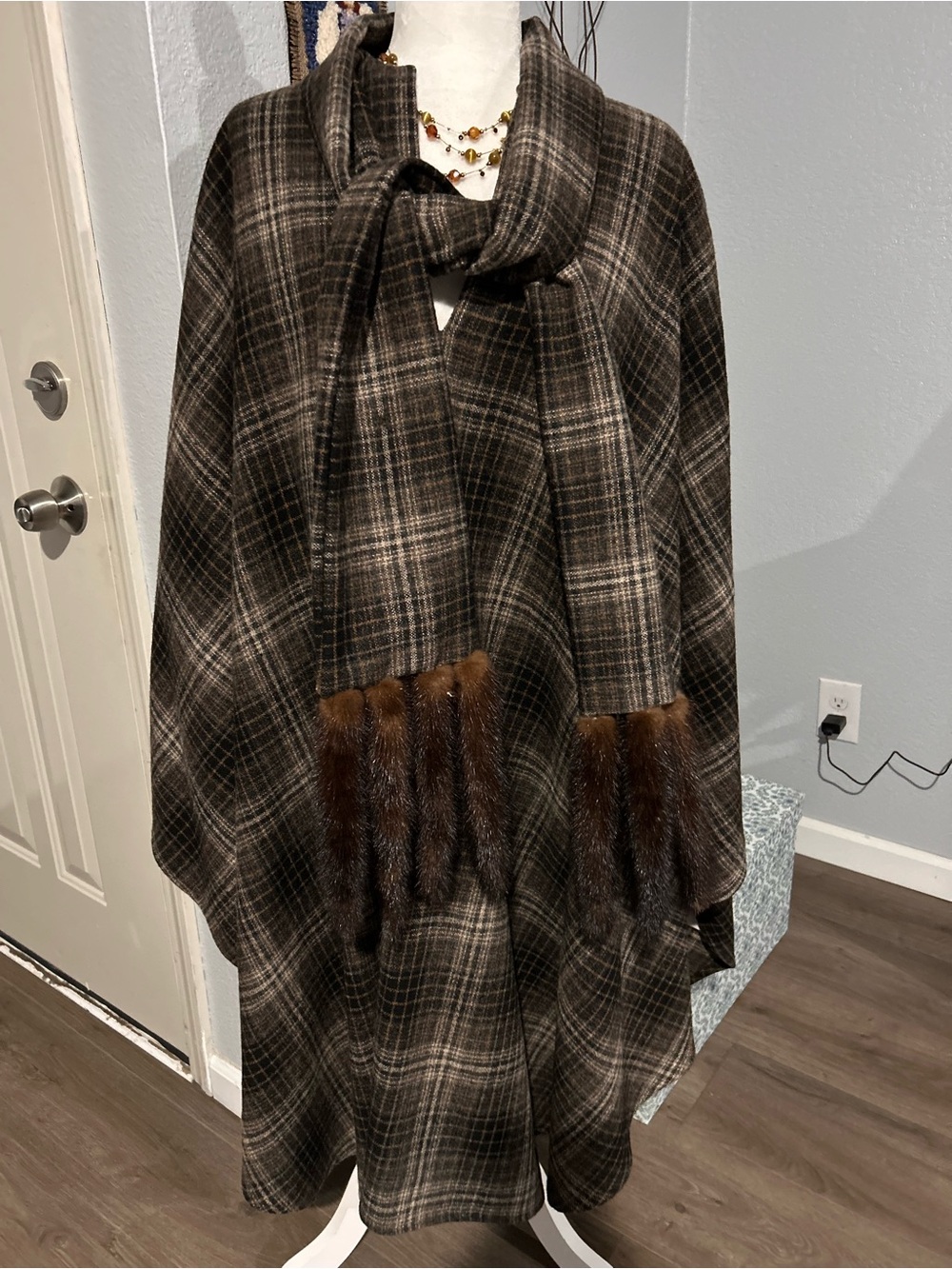 Plaid Fur-Trim Cape in Brown & Black Like New